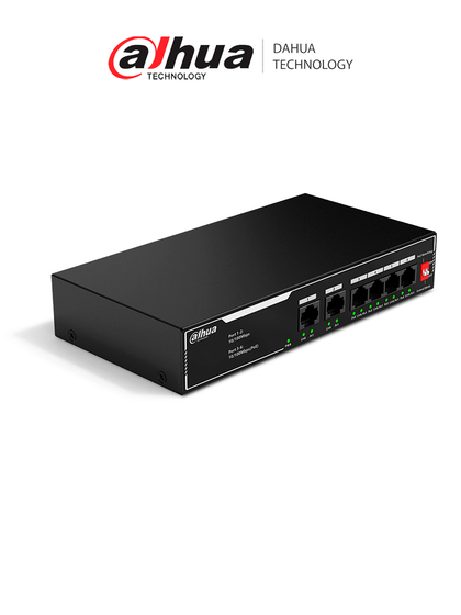 DAHUA DH-SF1006LP - Switch PoE de 6 Puertos Fast Ethernet/ 4 Puertos PoE 10/100/ 36 Watts Totales/ 2 Puertos Uplink RJ45 10/100/ PoE Watchdog/ Soporta hasta 250mts sobre UTP CAT 6/ Protección Contra Descargas/