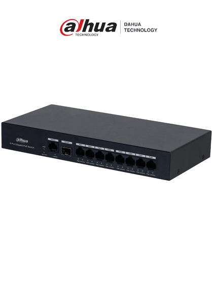 DAHUA DH-PFS3110-8GT-65 - Switch PoE inteligente con 8 puertos Gigabit, 60W de potencia total y switching de 20 Gbps. Ideal para alimentar y conectar dispositivos IP con protección contra descargas eléctricas. Anivdahua2 MCI1Q125