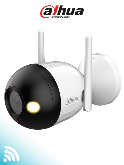 DAHUA F2CN-PV - Cámara IP Bullet WiFi de 2 MP/ lente de 2.8 mm. Cuenta con Full Color + iluminación dual inteligente, disuasión activa, audio bidireccional, micrófono y altavoz integrados, 30 m, funciones de IA y resistencia IP67.