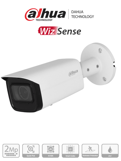 DAHUA IPC-HFW3241T-ZAS-S2 - Cámara IP Bullet de 2 MP/ WizSense/ Lente Motorizado de 2.7 a 13 mm/ IR de 60 Metros/ Micrófono Integrado/ IA/ SMD 4.0/ AI SSA/ QuickPick/ E&S de Alarma y Audio/ IP67/ PoE/ Ranura para Micro SD DAHQ1M D50 MCI2Q125 IMD