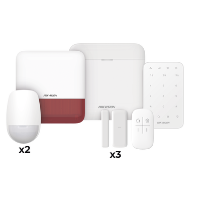 (AX PRO) KIT de Alarma AX PRO / Incluye: 1 Hub / 2 Sensores PIR / 3 Contactos Magnéticos mini / 1 Control Remoto / 1 Sirena Estrobo en color Rojo Inalámbrica Exterior /1 Teclado Inalámbrico / Wi-Fi / Compatible con Hik-Connect P2P