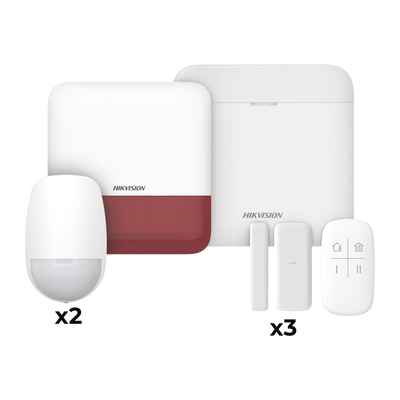 (AX PRO) KIT de Alarma AX PRO / Incluye: 1 Hub con batería de respaldo / 2 Sensores PIR / 3 Contactos Magnéticos mini / 1 Control Remoto / 1 Sirena Inalambrica Exterior color rojo / WiFi / Compatible con Hik-Connect P2P