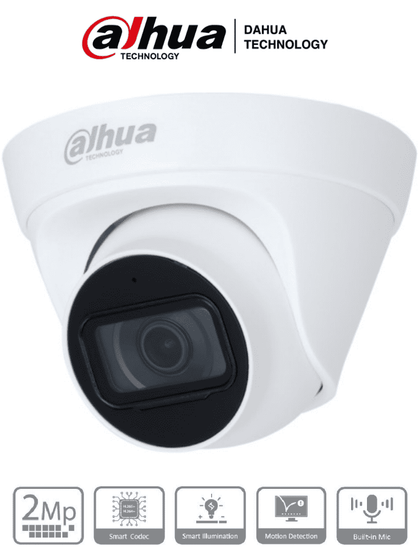 DAHUA IPC-HDW1230T1-A-S5-Cámara IP Domo 2MP con lente de 2.8 mm, ángulo de visión de 102 grados, micrófono integrado, IR de 30m, IP67, PoE, DWDR.