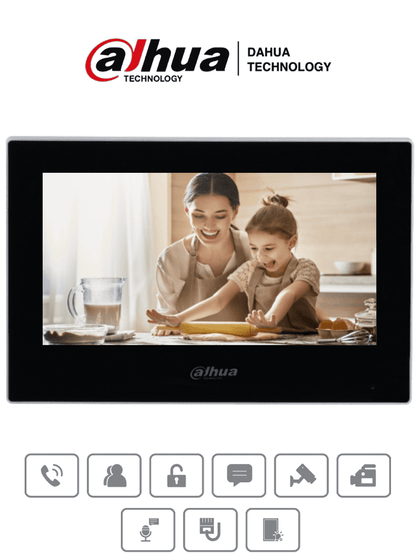 DAHUA VTH2621G-P - Monitor IP táctil de 7 en negro, Serie Lite, ideal para interiores. Soporta PoE estándar, hasta 4 cámaras de entrada y 4 monitores adicionales. Incluye modo No Molestar, 6 entradas/salidas de alarma, y compresión H.265. DEVIDE