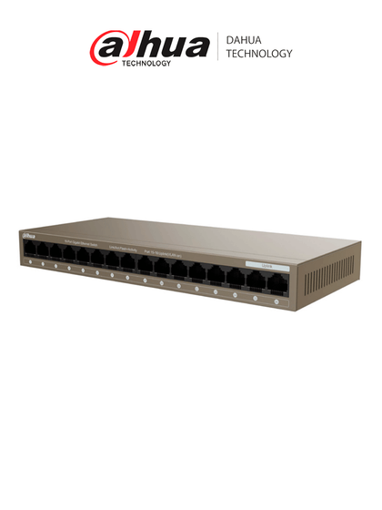 Dahua PFS3016-16GT-M- Switch Gigabit de 16 Puertos No Administrable/ Capa 2/ 10/100/1000 Base-T/ Carcasa Metalica/ Switching 32G/ Tasa de Reenvio de Paquetes 23.8 Mbps/ Memoria Bufer de Paquetes 2Mb/ Con Proteccion de Descargas/