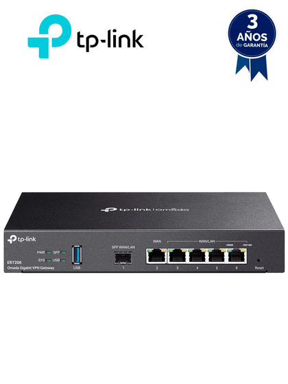 TP-LINK ER7206- Router Omada VPN SDN Multi-WAN Gigabit con 1 puerto WAN SFP y 1 puerto WAN RJ45 Gigabit, 2 LAN RJ45 Gigabit y 2 configurables LAN/WAN. Hasta 150,000 sesiones concurrentes y administración centralizada Omada.