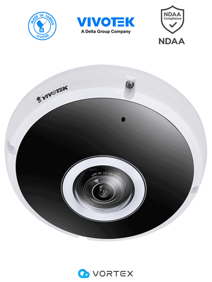 VIVOTEK FE931-EHV- Cámara IP VORTEX Premium Series Fisheye exterior 12 Megapixeles, IR 20m, WDR Pro, Micrófono integrado, IP66, IK10, NDAA, Almacenamiento interno 512GB, Advanced AI