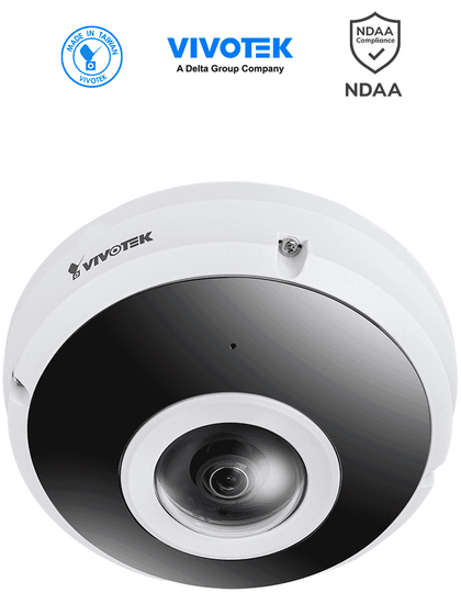 VIVOTEK FE9380HV - Cámara IP fisheye exterior 5 MP, H.265, panorámica 360º, Smart IR 10m, WDR Pro, micrófono integrado, IP66/IK10, ciberseguridad Trend Micro, Smart Stream III, visión SNV, NDAA, ONVIF