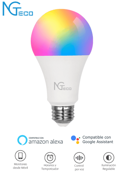 NGTECO NGL200 - Foco LED Inteligente WiFi de 9W / Color regulable / Control remoto App / Control por voz Amazon Alexa y Google Assistant / WiFi 2.4 GHz / Configuración Horarios / 950 Lumenes NG1