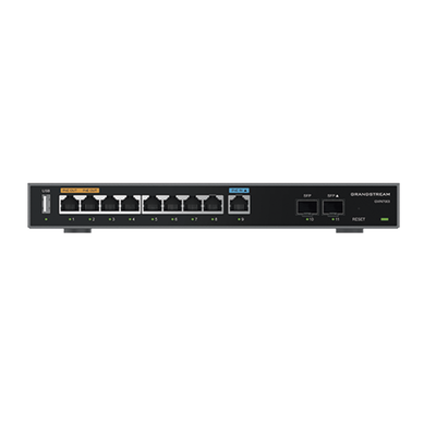 Router Gigabit VPN / Balanceador de cargas / 60,000 sesiones NAT / 9 puertos 10/100/1000 Mbps + 2 puertos SFP (WAN/LAN) / 1 puerto entrada PoE(af/at) / 2 puertos salida PoE (af/at) / Compatible con GWN Cloud.