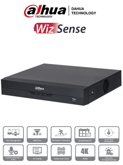 DAHUA XVR5104HS-4KL-I3 - DVR 4k de 4 Canales y 4 IP o hasta 8 IP. Equipado con WizSense, codificación H.265+, un canal para reconocimiento facial, protección perimetral y SDM Plus. Bahía SATA para HDD de hasta 10TB. Compatible con IoT y POS HDCVI0.9