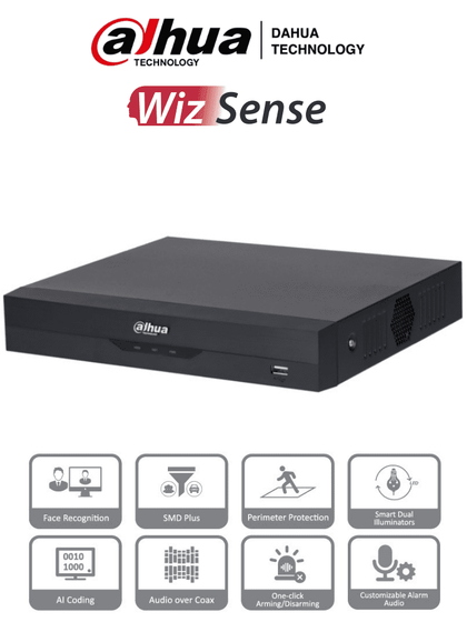 DAHUA XVR5104HS-I3 - DVR de 5MP Lite con WizSense. Soporta 4 canales + 2 IP o hasta 6 canales IP. Reconocimiento facial y protección perimetral en 1 canal, incluye SDM Plus, codificación H.265+, y funciones para IoT & POS. 1 puerto SATA HDCVI9.0 5MP