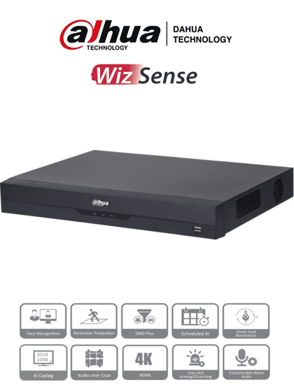 DAHUA XVR5216AN-4KL-I3 - DVR de 16 Canales 4k/ WizSense/ IA/ H.265+/ 2 Bahías de Disco Duro/ 16 Ch HDCVI + 16 IP Hasta 32 IP/ 2 Canales de Reconocimiento Facial/ SMD Plus/ Codificación IA/ Funciones IoT&POS/ Audio Bidireccional