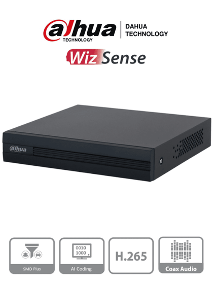 DAHUA XVR1B04-I -DVR de 4 Canales 1080p LiteWizSense y Cooper-I. Compatible con H.265+, admite hasta 5 canales IP y 4 canales con SMD Plus para detección avanzada. Búsqueda inteligente de personas y vehículos, codificación eficiente DAHQ1M LF