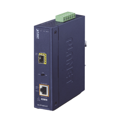 Convertidor de medios industrial PoE+ 1000BASE-SX/LX a 10/100/1000BASE-T 802.3at (mini-GBIC, SFP)