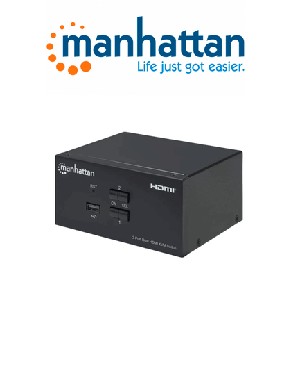 MANHATTAN 153522 - Switch KVM HDMI de 2 puertos para dos monitores / Conexiones HDMI de doble pantalla, 4K@30Hz, conexiones USB, conexiones de audio y micrófono de 3.5 mm, hub USB 2.0, negro Sobre Pedido MCI1Q125