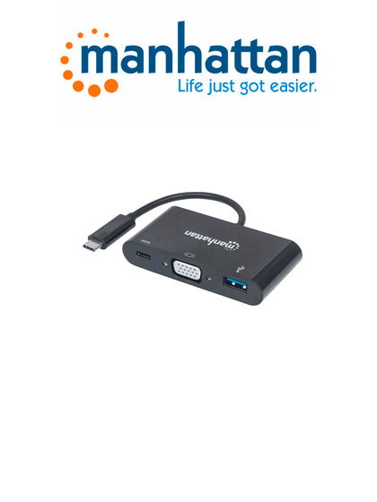 MANHATTAN 152044 - Docking Station USB Tipo-C y VGA SuperSpeed, USB 3.1 Tipo-C Macho a VGA, USB Tipo-A y USB Tipo-C Hembras, Convertidor multipuertos, Negro