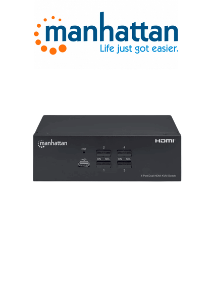 MANHATTAN 153539 - Switch KVM HDMI de 4 puertos para dos monitores / Conexiones HDMI para dos monitores, 4K@30Hz, conexiones USB, conexiones de audio y micrófono de 3.5 mm, hub USB 2.0, negro