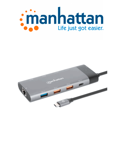 MANHATTAN 130714 - Docking Station USB-C para monitor dual 8K y carga PD / USB 3.2 Gen 2 Tipo-C macho a dos puertos HDMI, cinco puertos USB-A, puerto de suministro de energía USB-C 100 W, USB-C Puerto de datos y puerto Gigabit RJ45