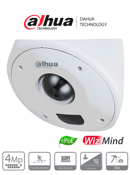 DAHUA IPC-HCBW8442 - Domo IP de 4 MP para Montaje en Esquinas/ Lente de 2.5 mm/ 135°/ IR de 10 Metros/ Antivandálico/ Protección Perimetral/ Conteo de Personas/ Mapa de Calor/ IP67 e IK10+ 50J/ PoE/ E&S de Alarma/ E&S de Audio /