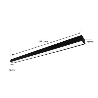 Panel LED Suspendido 22 W / 127 Vca~60Hz / Flujo luminoso 1 980 lm / Medidas 1182 x 70 x 45 mm / TCC 6 500 K / Ángulo de Luz de 140°.