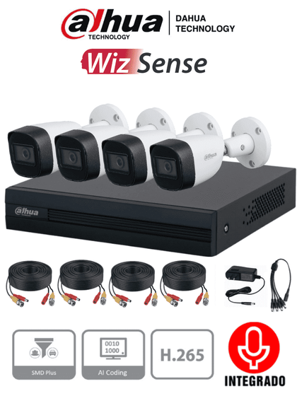 DAHUA KITXVR1B04-I+HFW1200CMA -Kit de 4 canales con cámaras de 2MP y audio. Incluye DVR Cooper-I WizSense con IA y H.265+, 4 cámaras metálicas con micrófono integrado, 4 canales más 1IP o hasta 5 canales IP, 4 canales SMD Plus y accesorios incluidos/