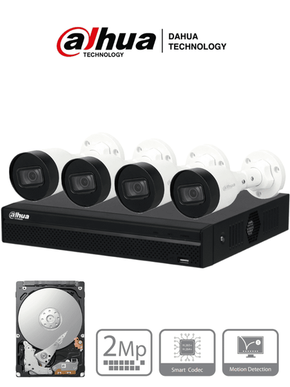 DAHUA KITNVR1104HS-P+4C1TB- Kit IP de 4 canales con NVR con 4 puertos PoE, 1TB de almacenamiento, y 4 cámaras bullet de 2MP con IR de 30 metros y clasificación IP67 para exteriores. Ideal para una vigilancia eficiente y robusta. KitDahua