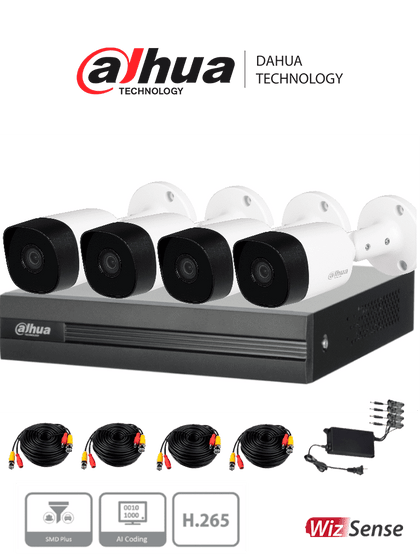 DAHUA KITXVR1B04H-I+4B2A51 -Kit de 4 Canales de 5 MP/ DVR Cooper-I WizSense/ Con IA/ H.265+/ 4 Camaras B2A51 Metalicas/ 4 Ch + 1 IP o Hasta 5 Ch IP/ 4 Ch SMD Plus/ Busqueda de Humanos y Vehiculos/Accesorios IncluidosDAHQ1M MCI2Q125 NuevoPrecio DMD