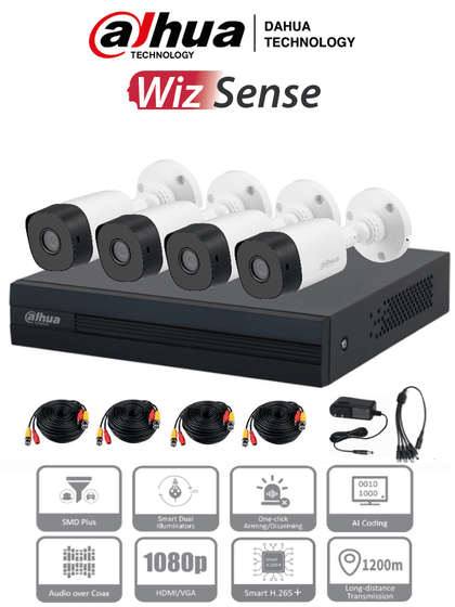 DAHUA KITXVR1B04-I+4B1A21 -Kit de 4 Canales de 2 Megapíxeles DVR Cooper-I WizSense con IA, compresión H.265+, 4 cámaras B1A21 1080p, 4 canales + 1 IP o hasta 5 IP, SMD Plus, búsqueda de humanos y vehículos, incluye accesorios DAHQ1M