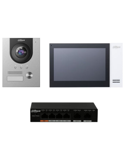 DAHUA KTP01S - Kit de Videoportero IP con Frente de Calle metálico, Monitor y Switch POE/ Pantalla LCD Touch de 7/ Camara 2MP Antivandalico/ Ranura SD 4GB/ IP65/ Soporta 8 Sensores de Alarma. TocToc