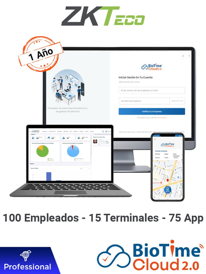 ZKTECO BIOTIMECLOUDPROFESSIONAL - Licencia de Asistencia en la Nube para 100 Empleados, 15 Terminales, 150,000 Eventos y 75 Cuentas de App, Suscripción por un Año BC2