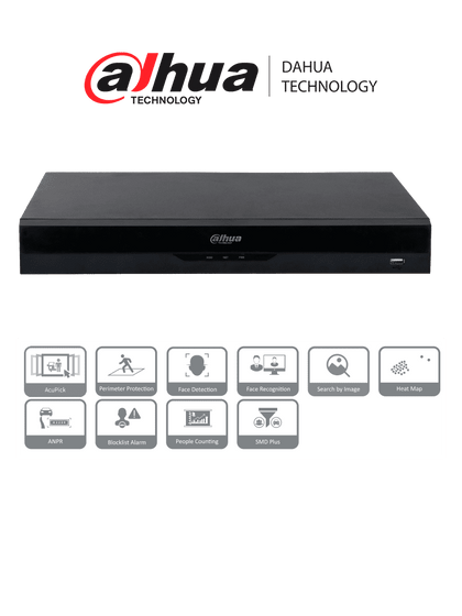 DAHUA NVR5216-16P-EI NVR IP WizSense de 16 canales 1U/ 16PoE/ 2HDD/ H.265+/H.265/ 384 Mbps/ AcuPick / N+M cluster/ IA por grabador: FD y FR /Protección perimetral/ SMD Plus