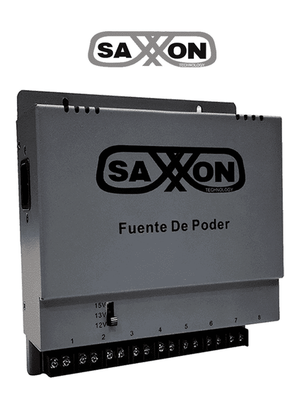 SAXXON ENERGIA PSU1208A - Fuente de poder Regulable Metálica/ Conexión de Hasta 8 Canales/ Voltaje de Ajuste 12V 13V o 15V cc/Salida de Hasta 8 Amp en los 8 Canales Máximo 1 Amp por canal// Instalación en Pared