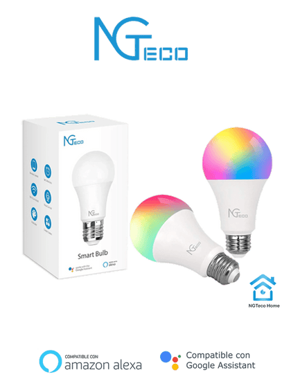 NGTECO NGL200PAQ2 - Paquete de 2 Focos Inteligentes WiFi / Colores Regulables / Control Remoto vía App / Control de Voz mediante Amazon Alexa y Asistente de Google / Temporizador