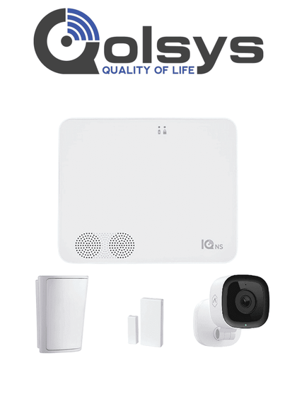 QOLSYS IQ4 NS Video Basico - Paquete que contiene Sistema de Alarma IQ 4 NS, Power G 915 Mhz 1 sensor PIR inalámbrico PG9914, 1 sensores magnéticos inalámbrico PG9303 y Cámara Interior alarm.com ADCV523