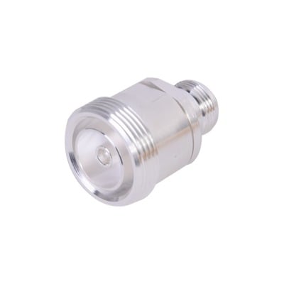 Adaptador en Línea de Conector DIN 7-16 Hembra a N Hembra, Plata / Plata / Teflón.