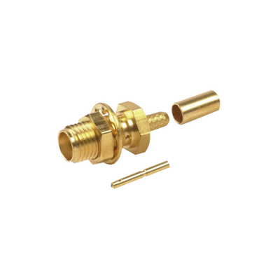 Conector SMA Hembra para Chasis en D Plano, Anillo Plegable para cable RG-174/U, Oro/ Oro/ Teflón.