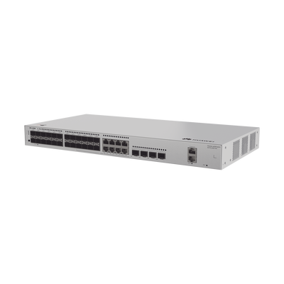 Switch de Distribución/Core Gigabit Administrable Capa 3 / 24 puertos 1GE SFP ( Combo con 8 Puertos 10/100/1000 Mbps) / 4 Puertos 10GE SFP+ Uplink / ERPS / Rutas Estáticas / iStack / Administración Nube Gratis