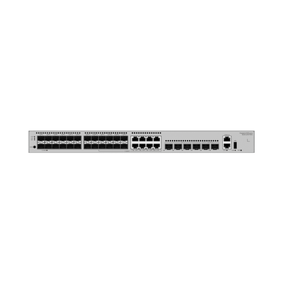 Switch Empresarial Core Gigabit Administrable Capa 3 / 24 puertos 1GE SFP ( Combo con 8 Puertos 10/100/1000 Mbps) / 4 Puertos 10GE SFP+ Uplink / 2 Puertos 10GE SFP+ (Stack) / ERPS / Ruteo Dinámico (RIP, OSPF, IS-IS y BGP) / iStack / Administraci&