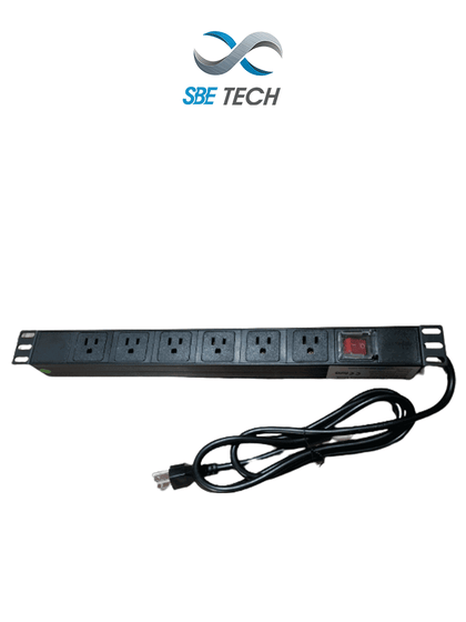 SBETECH SBE-TC006VSP - Barra de 6 contactos polarizados 5-51R, montaje horizontal 19 y 1U, con clavija de 1.8m y multicontactos