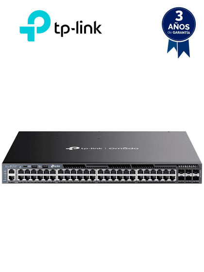 TP-LINK SG6654XHP - Switch Omada L3 Stackable de 48 puertos POE+ Gigabit y 6 puertos SFP+ 10G , 1440W , Stacking físico , Funciones L3 Enterprise. RIP, OSPF, ECMP, VRRP, PIM-DM, DHCP Server/Relay , Alta disponibilidad , VRRP y ERPS , Interfaz WEB , CLI.