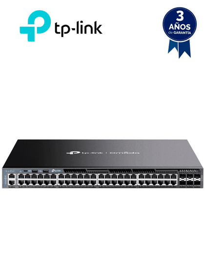 TP-LINK SG6654X- Switch Omada L3 Stackable de 48 puertos RJ45 Gigabit y 6 puertos SFP+ 10G , Stacking físico , Funciones L3 Enterprise. RIP, OSPF, ECMP, VRRP, PIM-DM, DHCP Server/Relay , Alta disponibilidad , VRRP y ERPS , Interfaz WEB , CLI , SNMP.