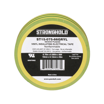 Cinta Eléctrica STRONGHOLD para Aislar, de PVC, Uso Construcción General en Tierras Físicas, Grosor de 0.13 mm (5 mil), Ancho de 19.05 mm, y 20.12 m de Largo, Color Amarillo/Verde.