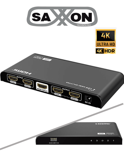 SAXXON LKV314HDR-V2.0 - Divisor HDMI 4K de 1 Entrada y 4 salidas/ Resolución 4K x 2K Ultra HD/ 1080P Full HD/ Soporta HDR y Ajuste de resolución EDID/ Salidas de video combinadas en 4K y 1080P/ Distancia de hasta 10 Metros en Entrada y Salidas/