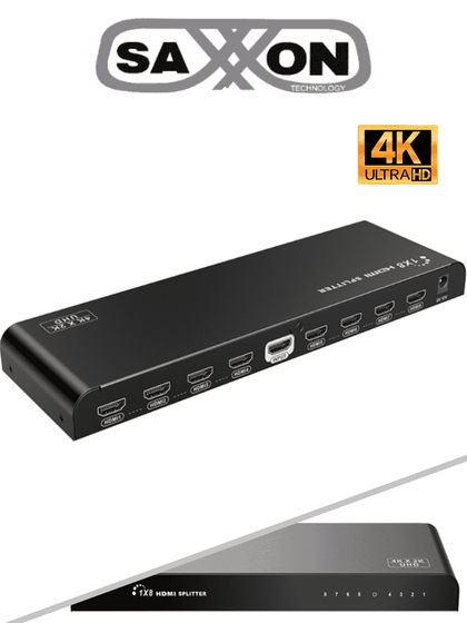 SAXXON LKV318HDR-V2.0 - Divisor de Video HDMI de 1 Entrada y 8 Salidas/ Soporta Resolución Ultra HD 4K&2K @30 Hz/ Distancia de 10 Metros en Entrada y Salida/ Switch EDID/