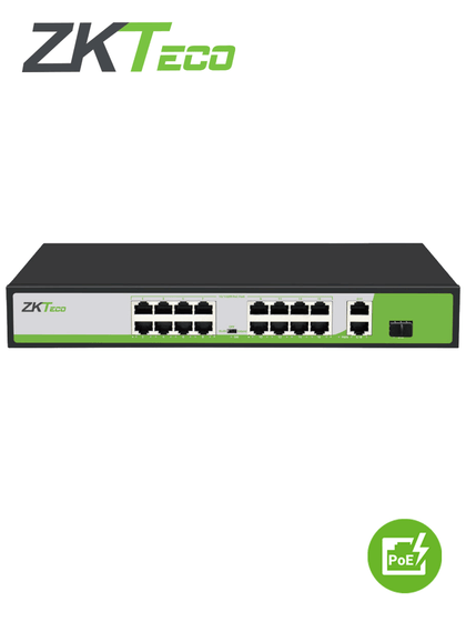 ZKTECO PE162200C - Switch de 16 Puertos Fast Ethernet PoE AF - AT / 2 Puertos RJ45 10/100/1000M + 1 Puerto SFP 1G / PoE+ hasta 30W por puerto / Soporta hasta 250 mts sobre UTP CAT 6 / Autoadaptación MDI - MDIX / Protección Contra Descargas