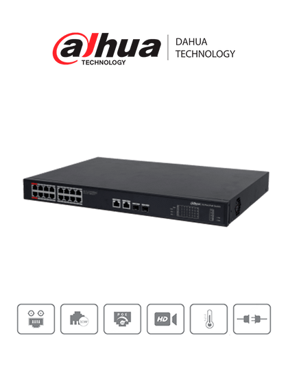 DAHUA PFS3220-16GT-190 - Switch Poe de 16 Puertos Gigabit/ Poe Inteligente/ Puerto Rojo de 90W/ 190 Watts Totales/ 2 Puertos SFP Opticos/ Protocolos Poe:IEEE802.3af, IEEE802.3at, Hi-PoE, IEEE802.3bt/ Switching 52 Gbps/ Protección de Descargas/