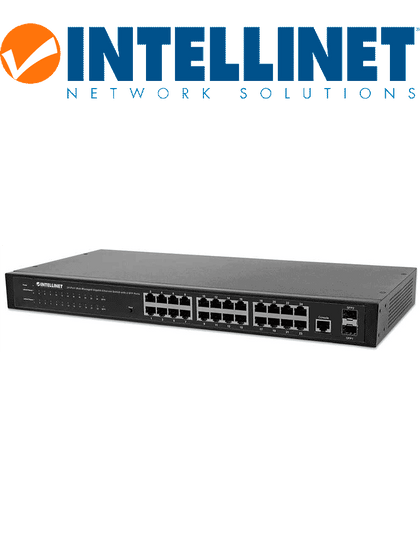 INTELLINET 560917 Switch de 24 Puertos Gigabit Ethernet Administrable por Web con 2 puertos SFP 24 puertos RJ45 10/100/1000 + 2 puertos SFP, IEE 802.3az Ethernet con Eficiencia de Energía, SNMP, QoS, VLAN, ACL, para montaje en rack de 19 Sobre Pedido