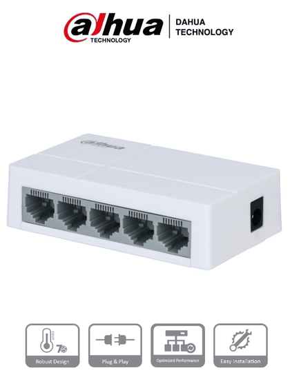 DAHUA PFS3005-5ET-L - Switch para Escritorio 5 Puertos/ Fast Ethernet 10/100/ Diseño Compacto/ Capa 2/ Switching 1 Gbps/ Velocidad de Reenvio de Paquetes 0.744 Mbps/ SwitchDpxv VolDH