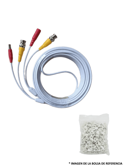 TCE-BNC10WLMG5-Paquete de Cable Siamés Armado Blanco de 10 Metros con Bolsa de 50 Grapas de Pared Blancas de 5mm